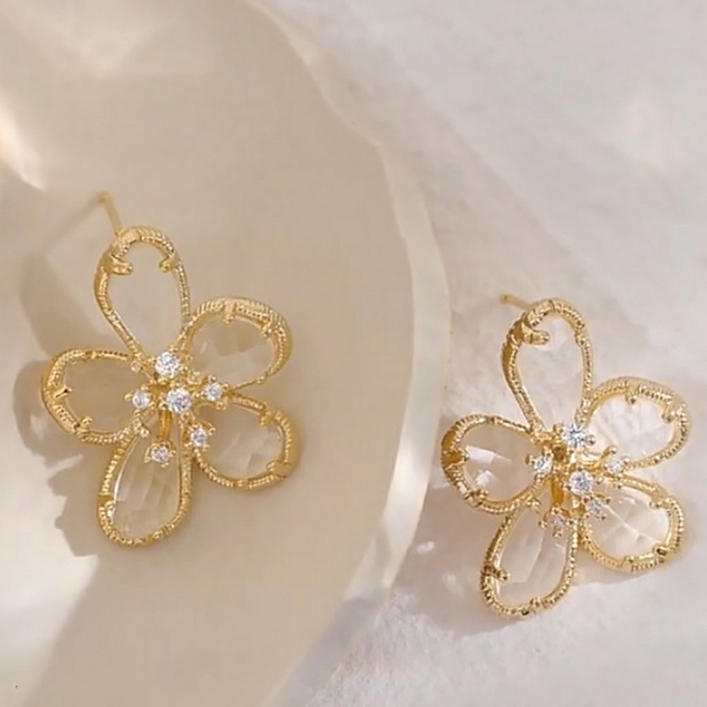 Floral embellished gold and crystal earrings; nwot - Picture 5 of 10
